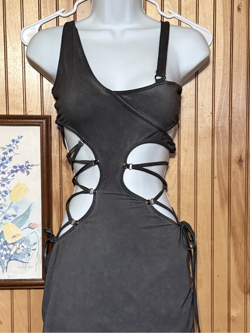 Asymmetric Black Cutout Lace-Up Mini Dress